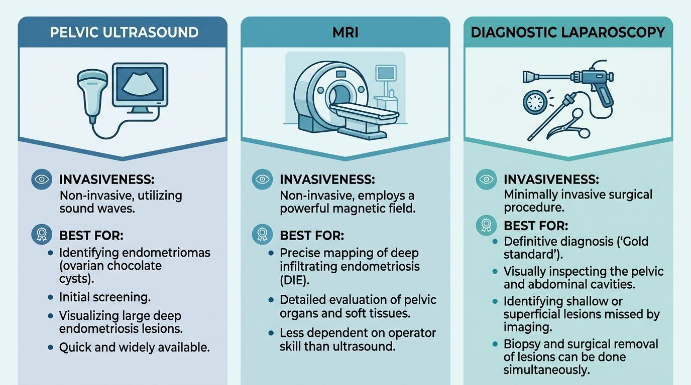Clean infographic with three columns comparing endometriosis diagnostic methods: Pelvic Ultrasound, MRI, and Diagnostic Laparoscopy. Each column features a representative icon and bullet points for invasiveness and best use.