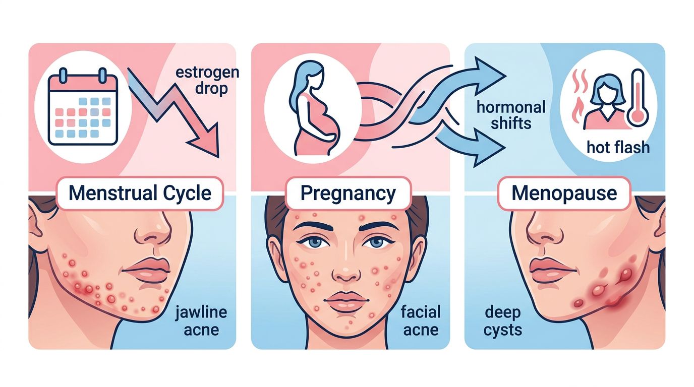 How hormonal shifts across the menstrual cycle, pregnancy, and menopause trigger acne (jawline acne, facial acne, deep cysts)