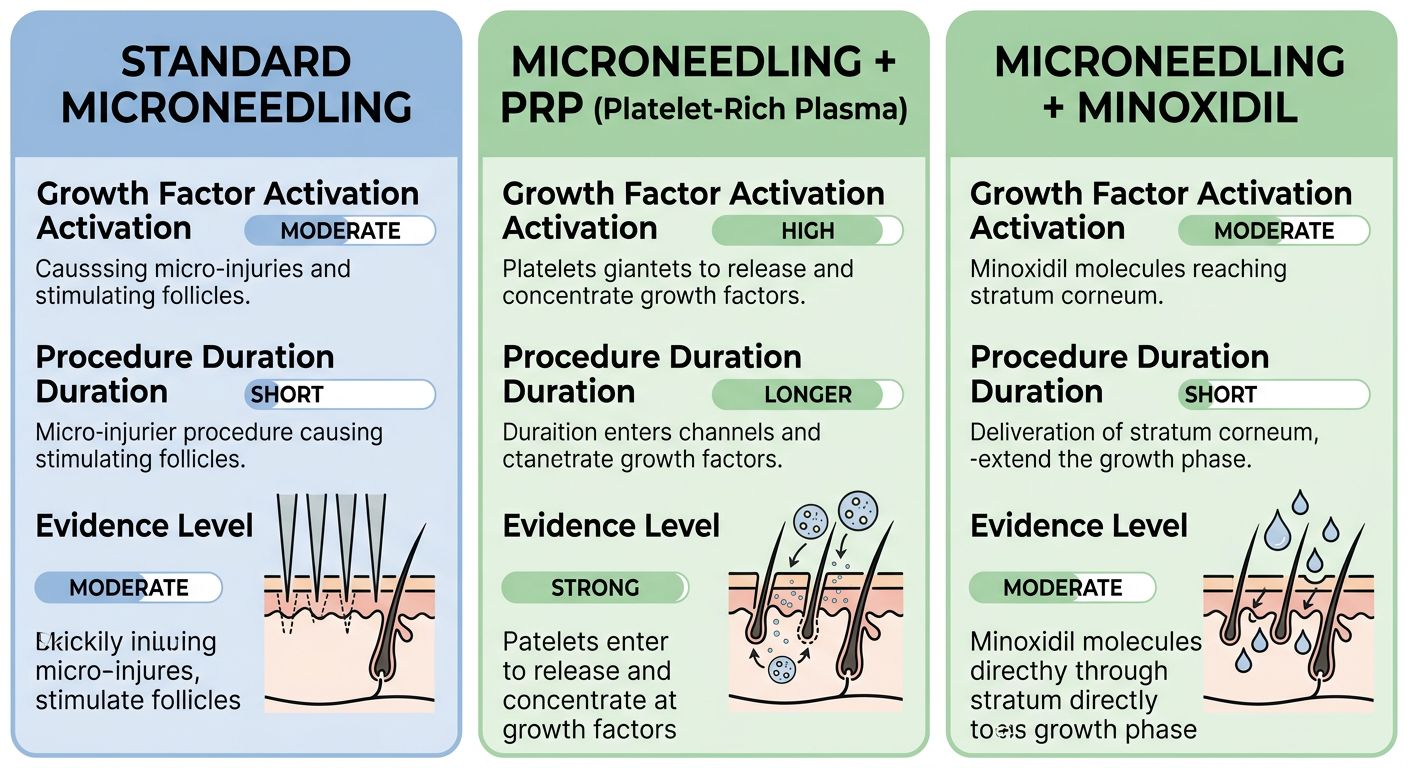 Comparison of microneedling treatment approaches: standard, with PRP, and with minoxidil.