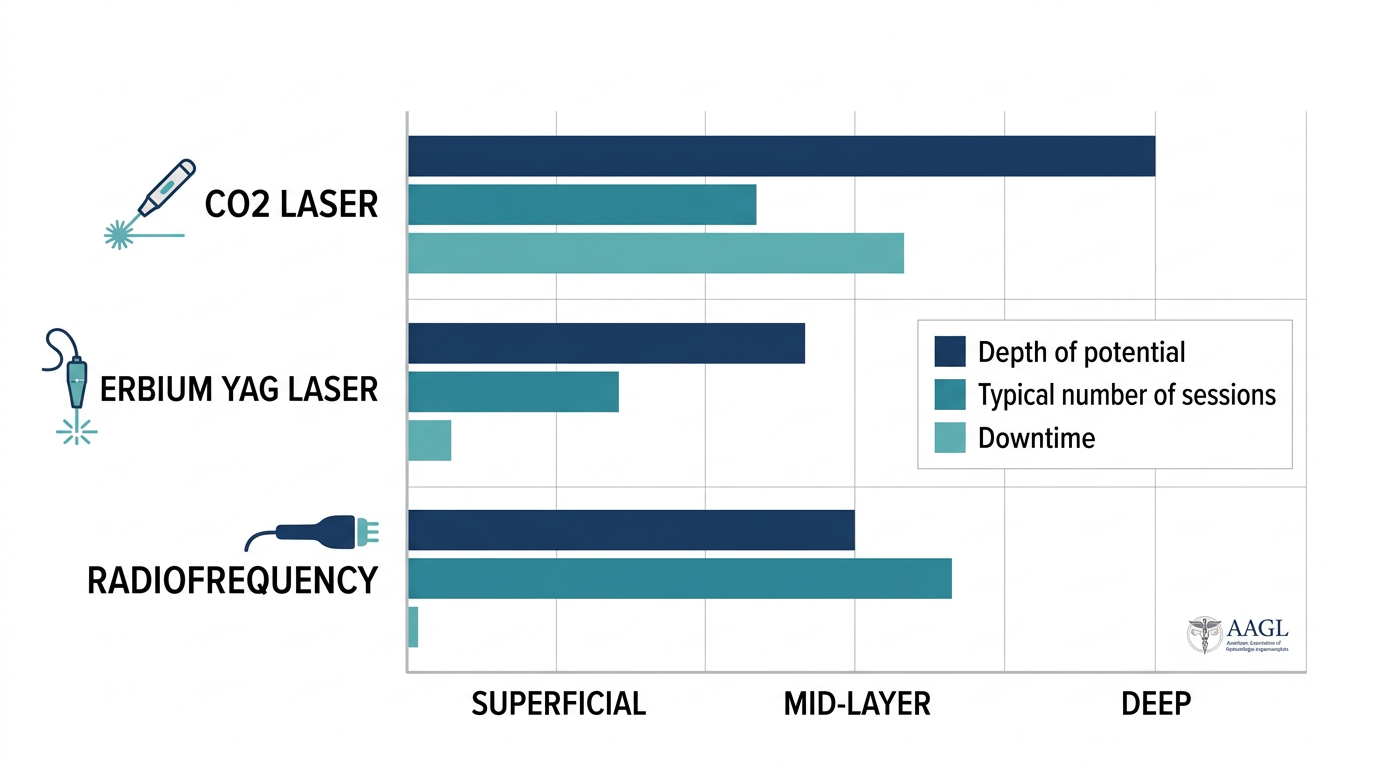 Horizontal bar chart comparing CO2 laser, Erbium YAG laser, and radiofrequency for vaginal rejuvenation across depth, sessions, and downtime, with teal and navy bars on white background, medical infographic style with AAGL logo.