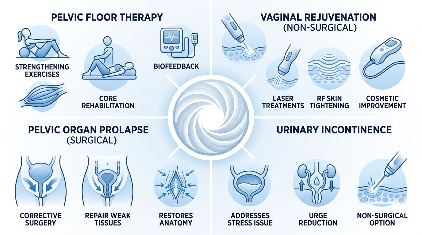 Infographic showcasing four urogynecological service categories: Pelvic Organ Prolapse, Urinary Incontinence, Vaginal Rejuvenation, and Pelvic Floor Therapy