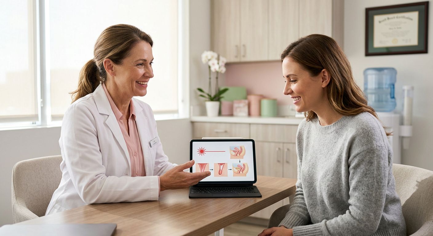 A board-certified gynecologist reviewing non-surgical vaginal rejuvenation options with a patient at First Class OBGYN
