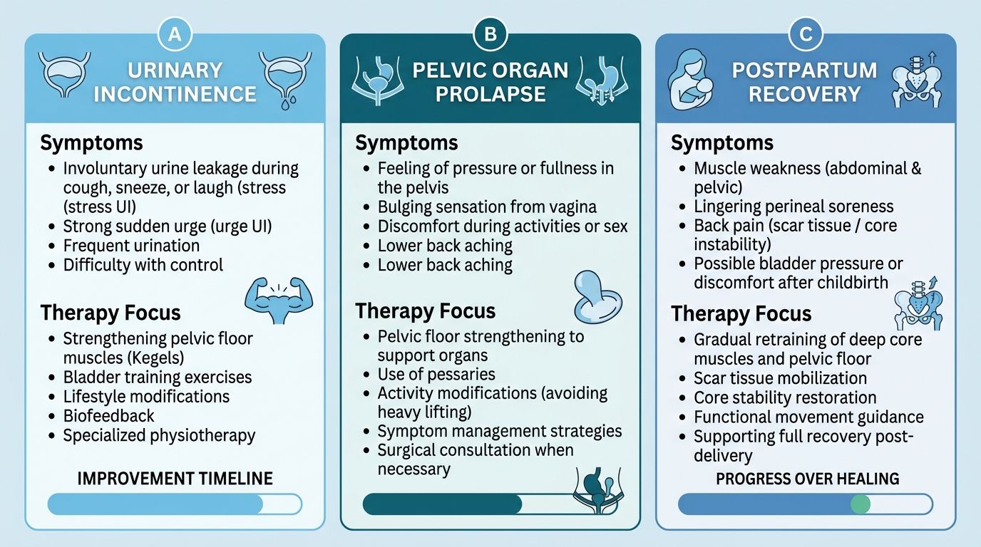 Medical infographic comparing three pelvic floor conditions with treatment focus areas and progress indicators.