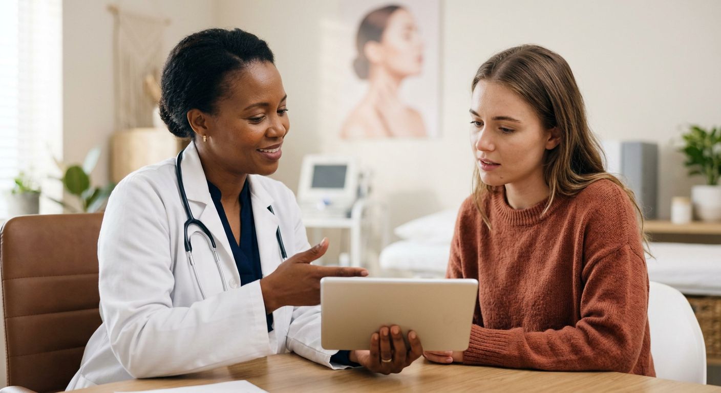 A gynecologist reviewing hormonal acne treatment options with a patient